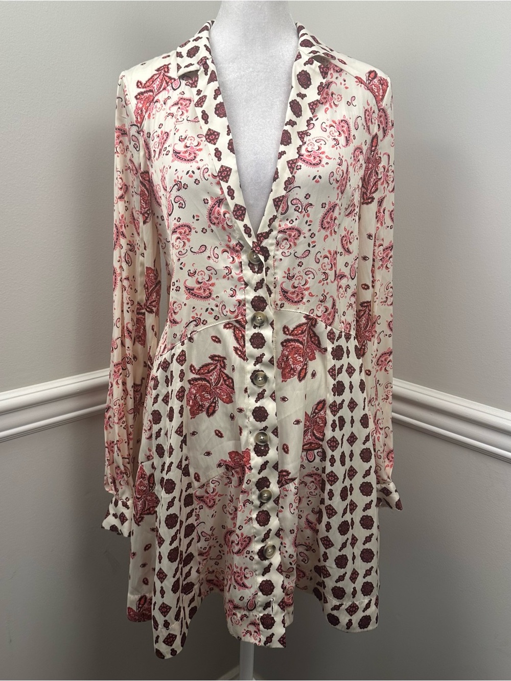 Free People Cream and Pink Satin Like Long-Sleeve Button Dress S